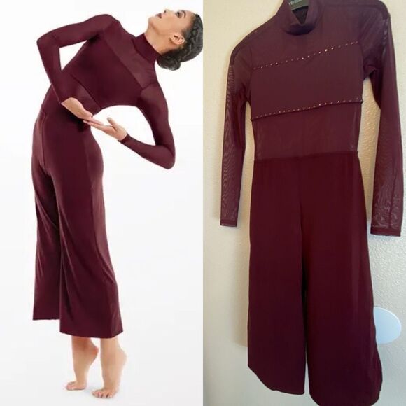 WEISSMAN Balera Dance Costume burgundy Culotte Unitard With Mesh MJ11187 MC - Picture 1 of 12